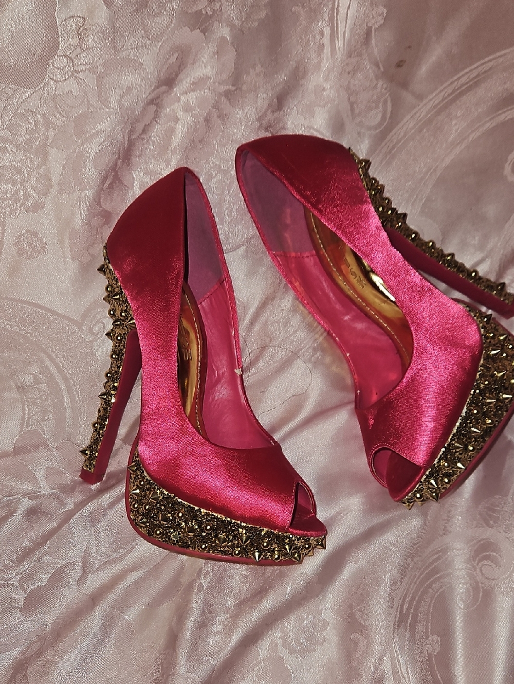 Hot Pink Satin Peep-Toe Stiletto Heels with Gold Crystal Platform